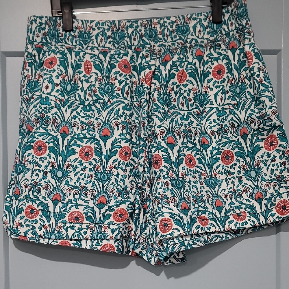 crown & ivy Women's Floral Linen Shorts in Teal and Coral